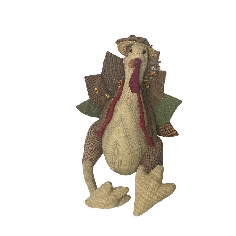 THANKSGIVING‎ pilgrim turkey plush stuffed bird fabric tabletop decor brown